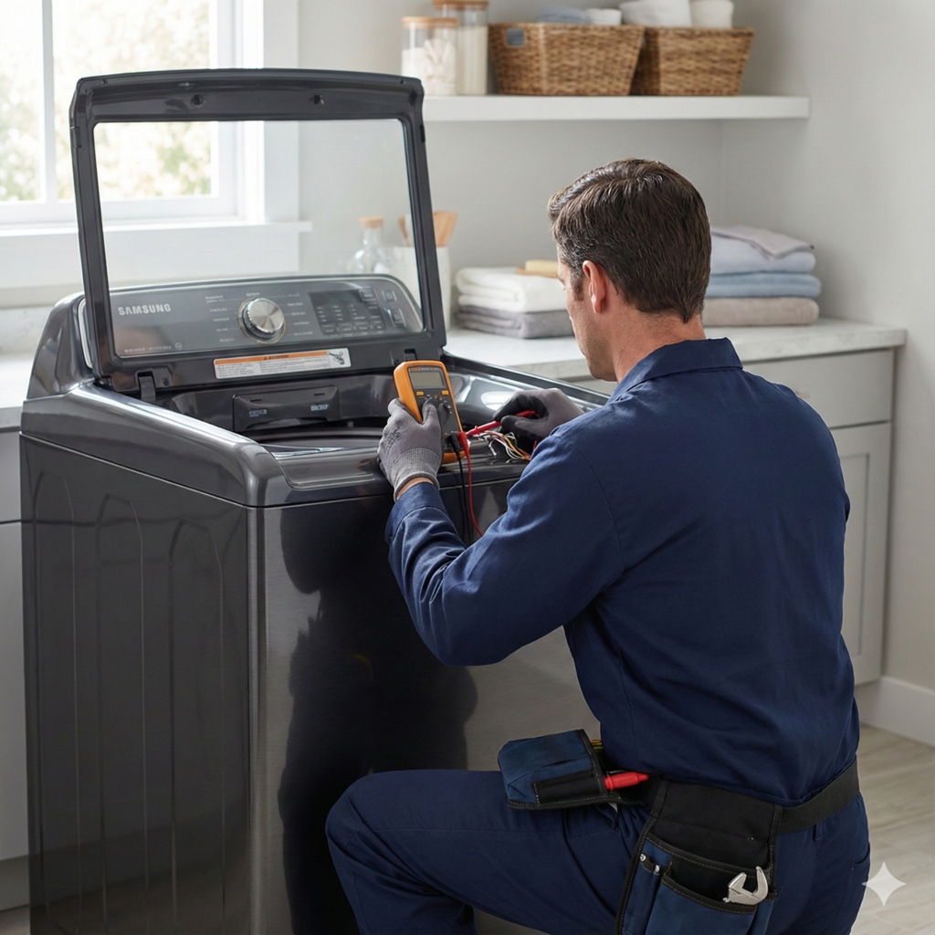 Samsung service technician repairing a washer and dryer stack.