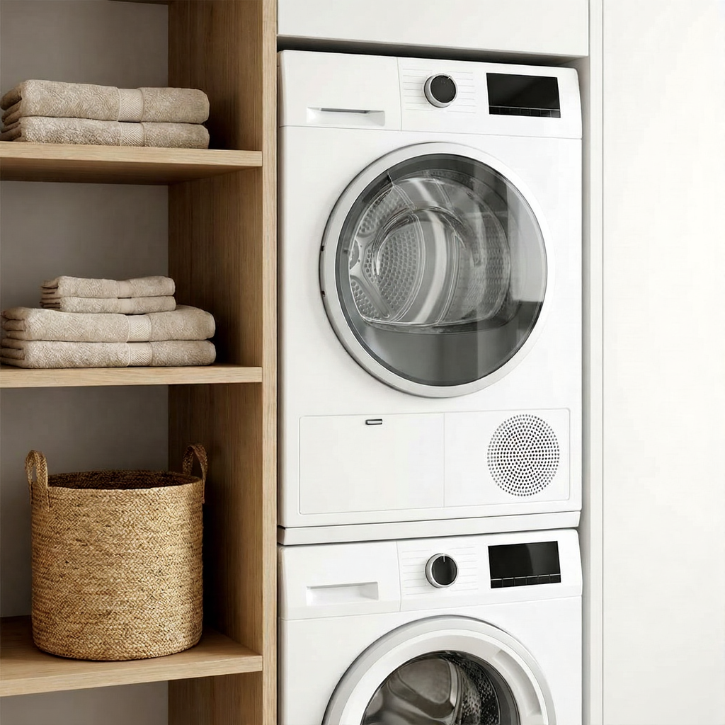 Stacked washer and dryer with towels