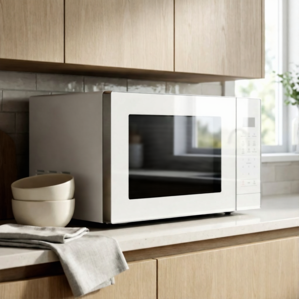 Samsung countertop microwave oven in a kitchen.