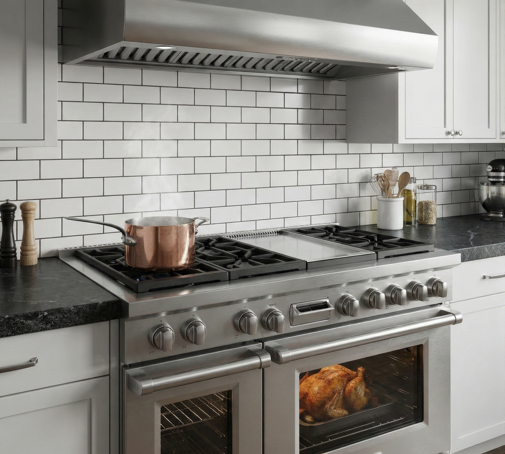 Modern kitchen with cooking appliances.