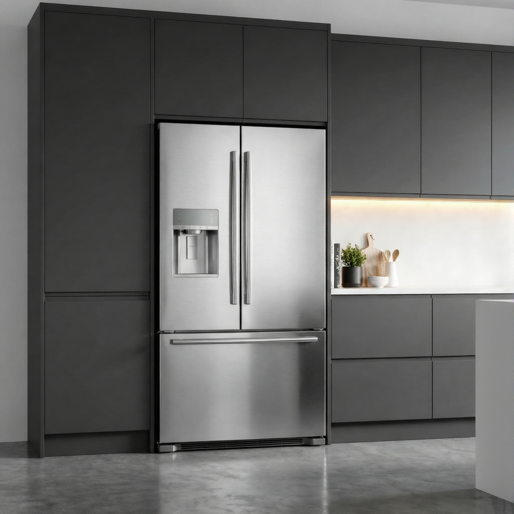 Modern stainless steel refrigerator in kitchen