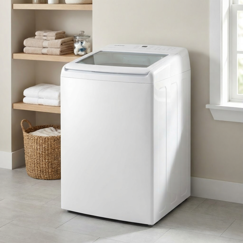 White Samsung top-load washing machine in a modern laundry room.